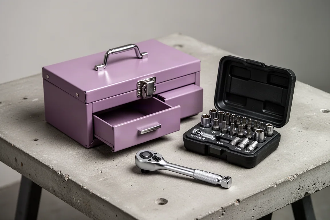 Mini toolbox, Torx bit set, and low-profile ratchet arranged on a concrete workbench