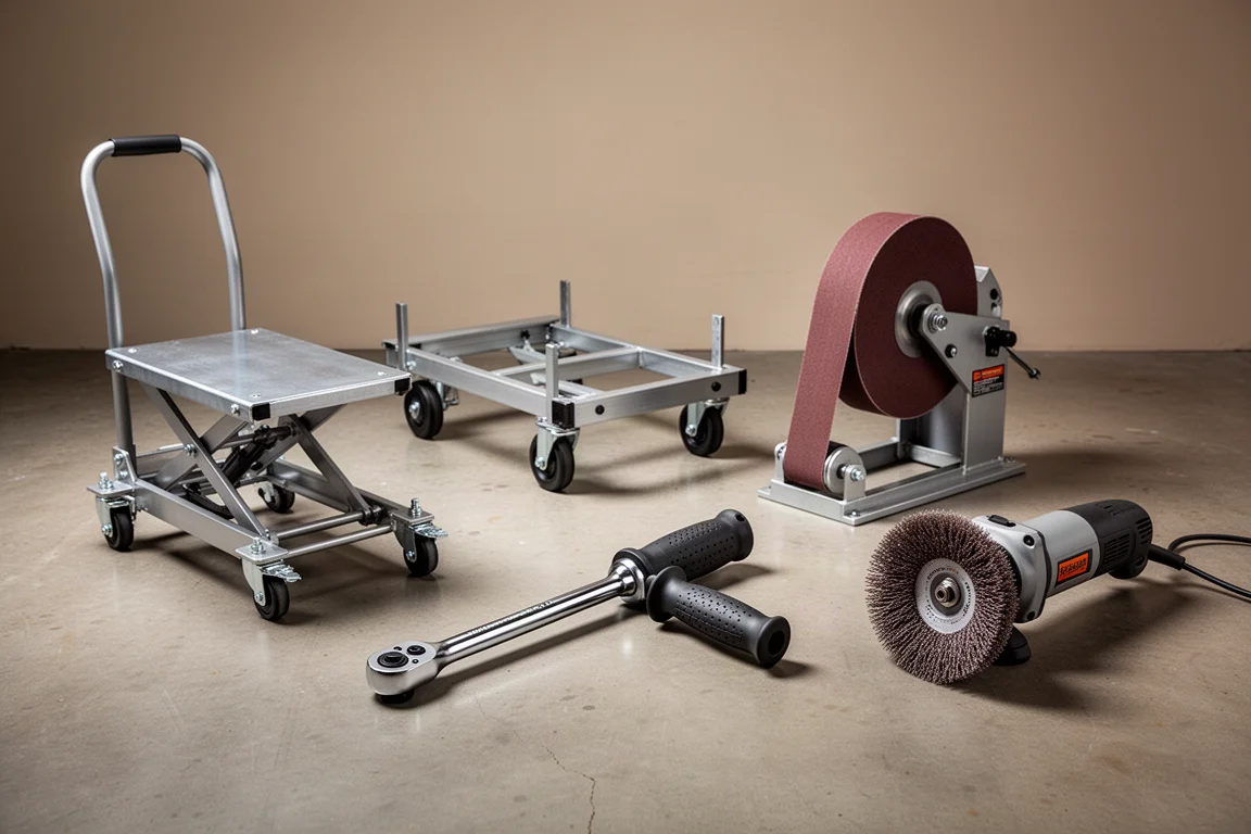 Workshop tools lined up on a concrete garage floor including a lift cart, trailer, ratchet, belt grinder and conditioning tool