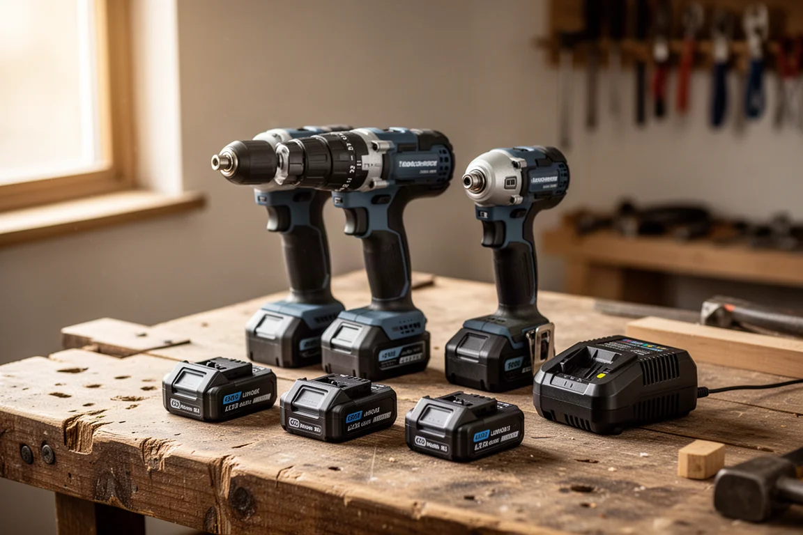 Accuboormachine en impact driver op een werkbank naast accu's en een lader