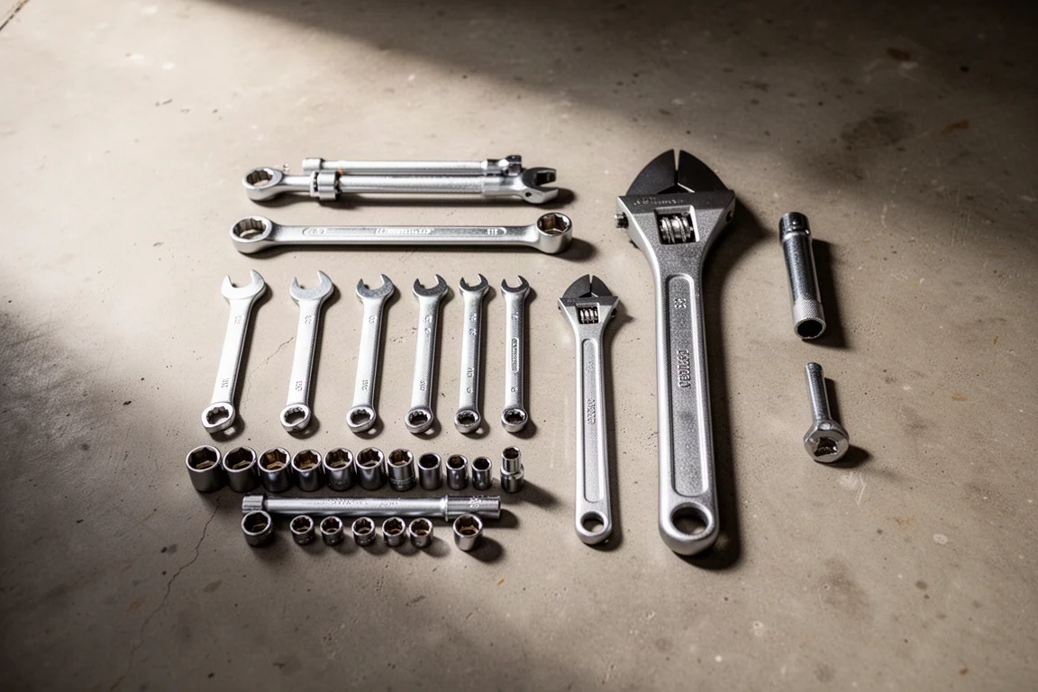 Flat-lay van bovenaf met diverse handgereedschap op een garagedeur