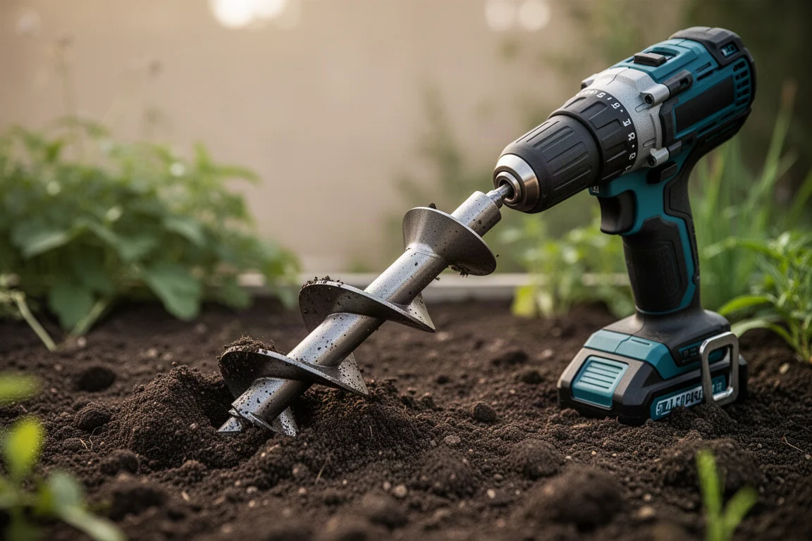 Tuinauge-boor die in de grond boort in zacht namiddaglicht