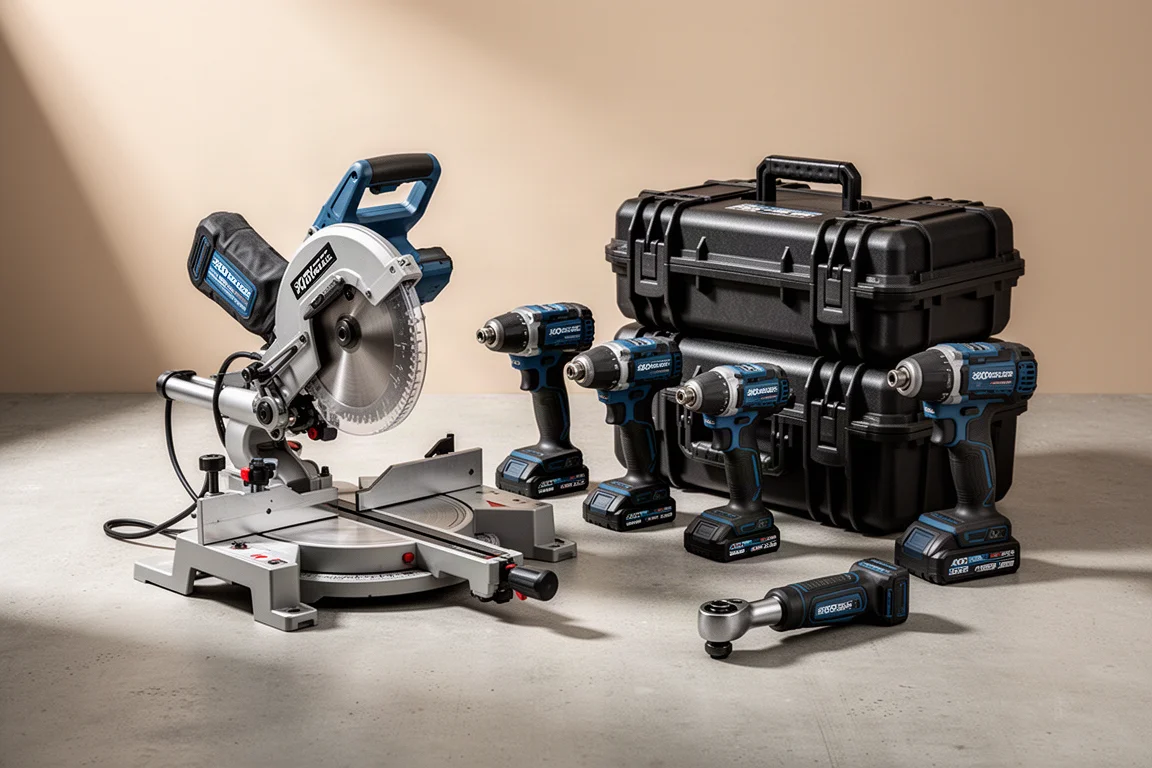 Assorted power tools and protective cases arranged on a concrete workshop surface