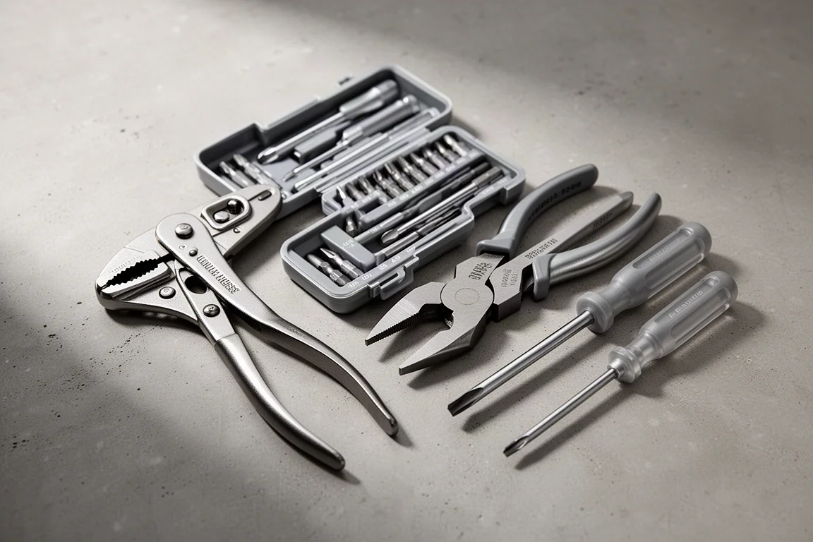 Flat-lay of impact sockets, work light, picks, and deadblow hammer on a workshop bench