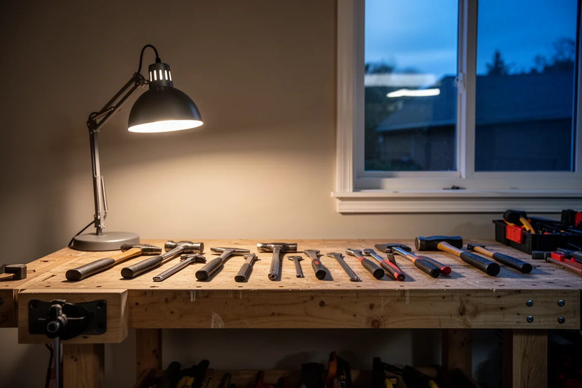 Officina domestica al tramonto con gli strumenti disposti per un progetto serale
