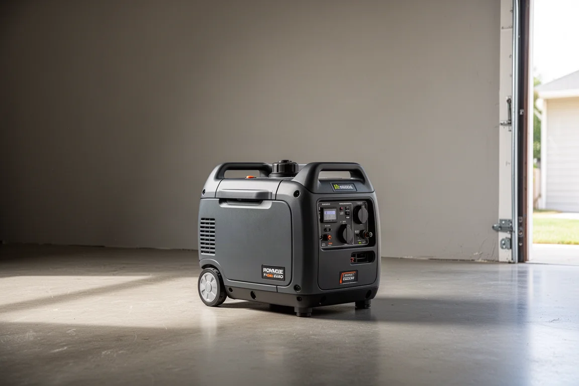 Generatore portatile tri-fuel appoggiato sul pavimento di un garage vicino a una presa a muro