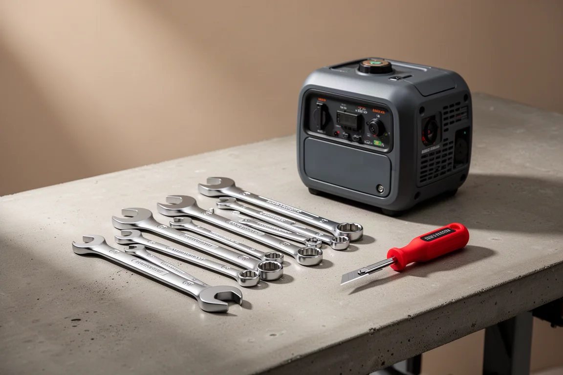 Hand tools including wrenches, a generator, and a screwdriver arranged on a concrete workbench