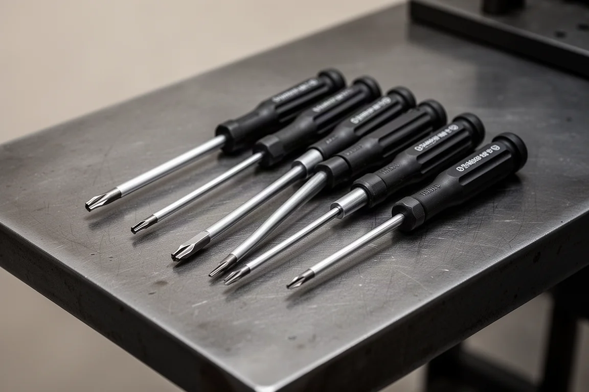 Precision screwdrivers laid out on a dark workbench in soft light