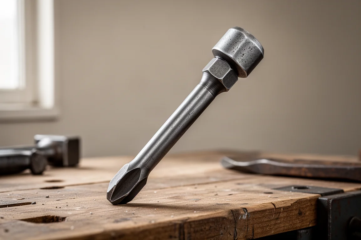 Demolition screwdriver with metal striking cap on a workbench