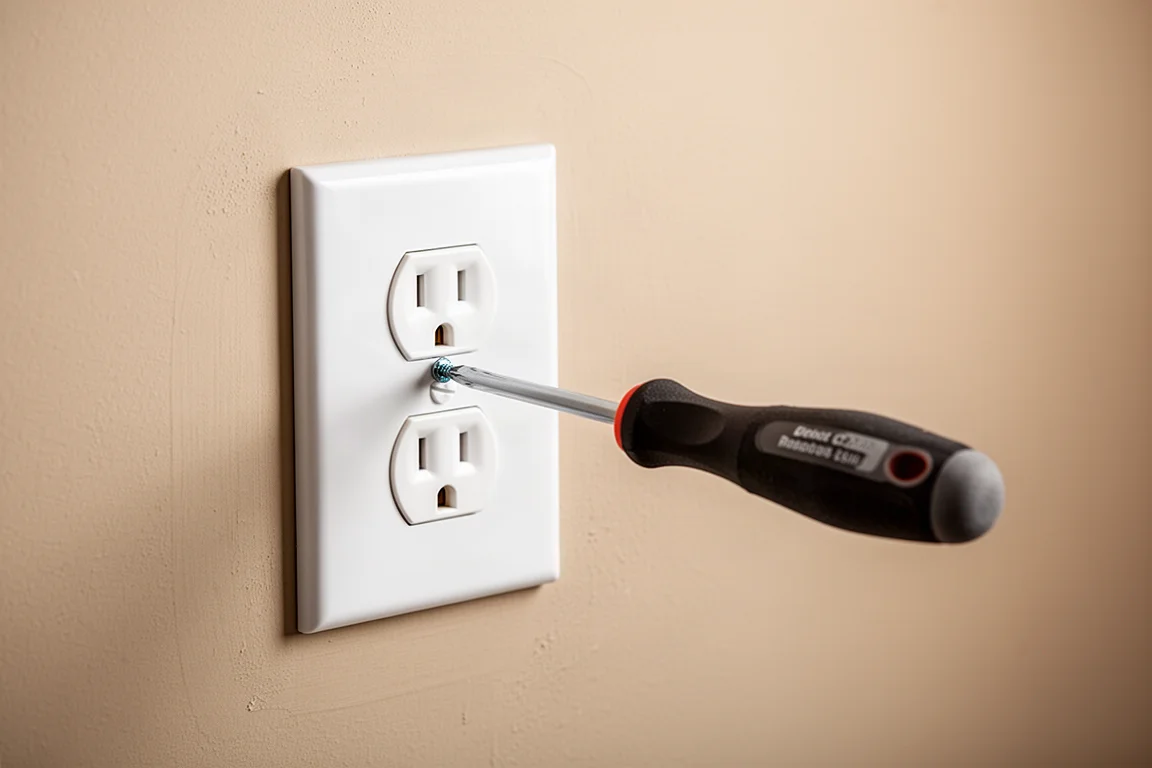 Insulated screwdriver being used on an electrical outlet cover