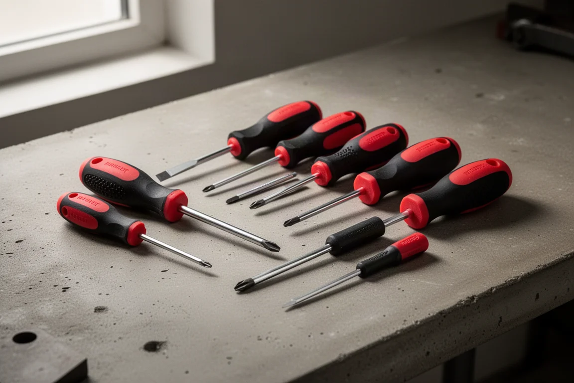 Assorted screwdrivers with rubberized handles arranged on a concrete workbench