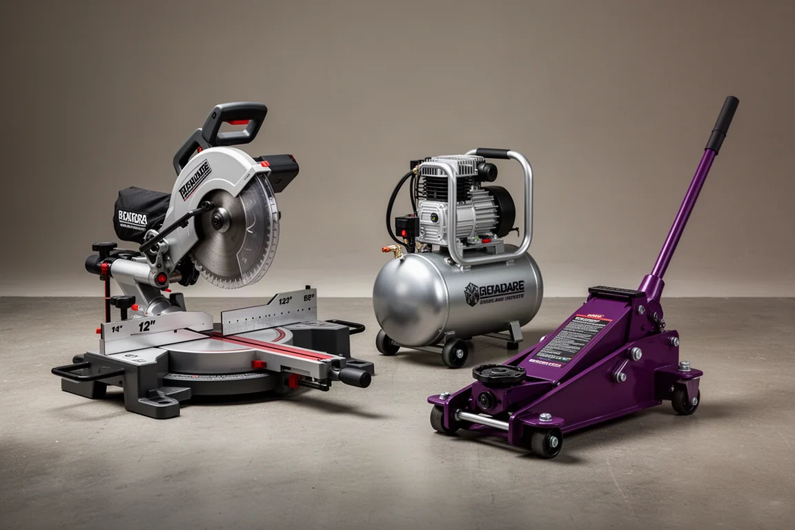 Miter saw, portable air compressor and purple floor jack arranged in a workshop scene
