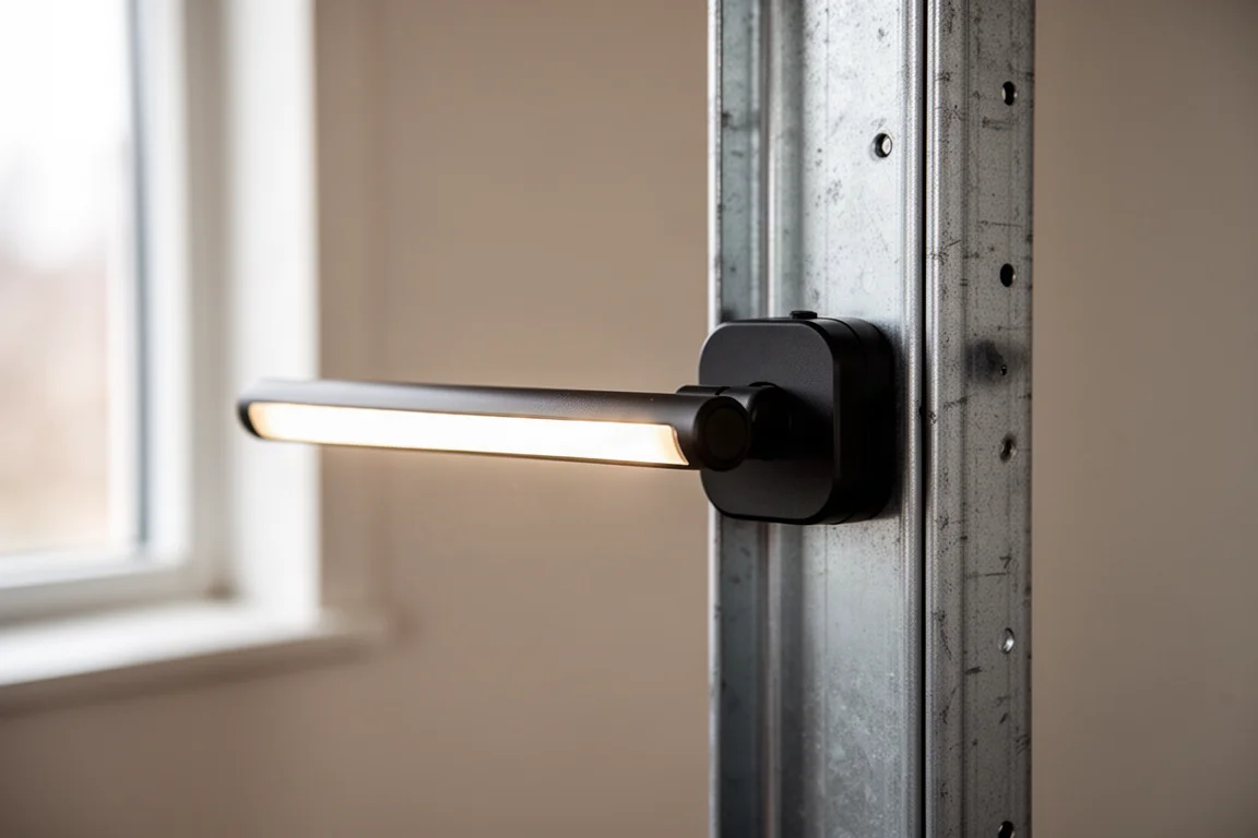 Gros plan sur une base magnétique fixant une lampe de travail slim à une surface en acier
