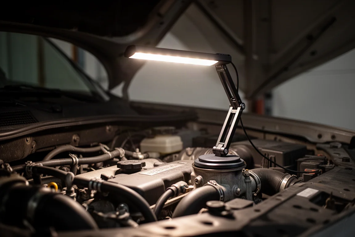 Lampe de travail éclairant un compartiment moteur sombre près d'un plan de travail