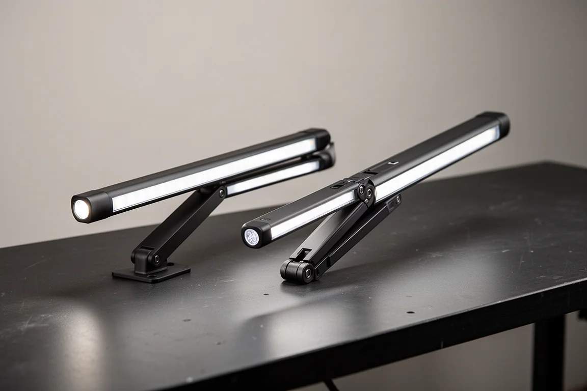 Icon and Braun slim bar work lights side by side on a workbench