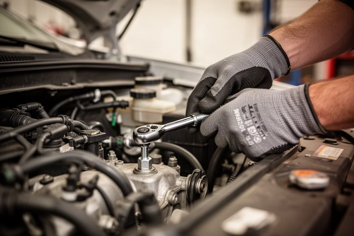 Mechanic working on a bolt with a ratchet in a cramped engine bay
