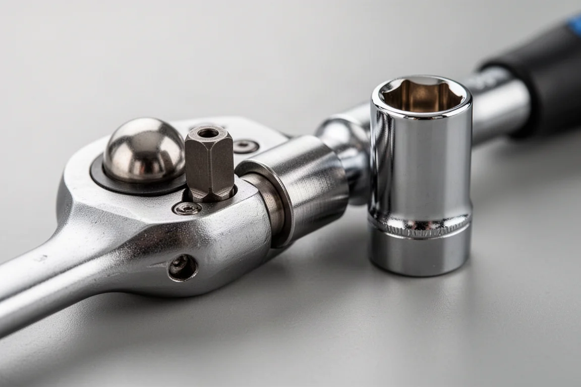Close-up of a socket adapter fitted between a ratchet head and a socket