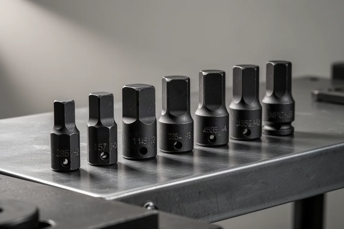 Black impact adapter set arranged on a workbench
