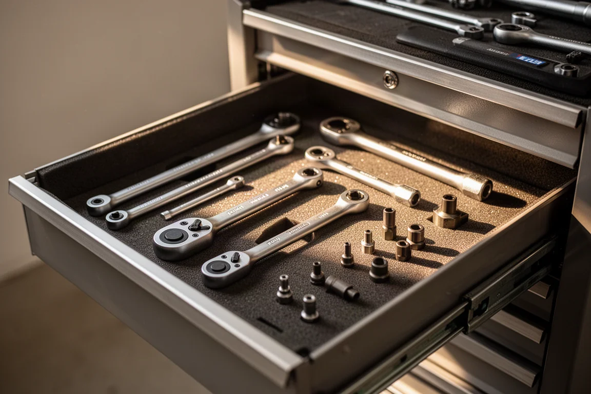 Organized tool drawer with ratchets and adapters ready for work