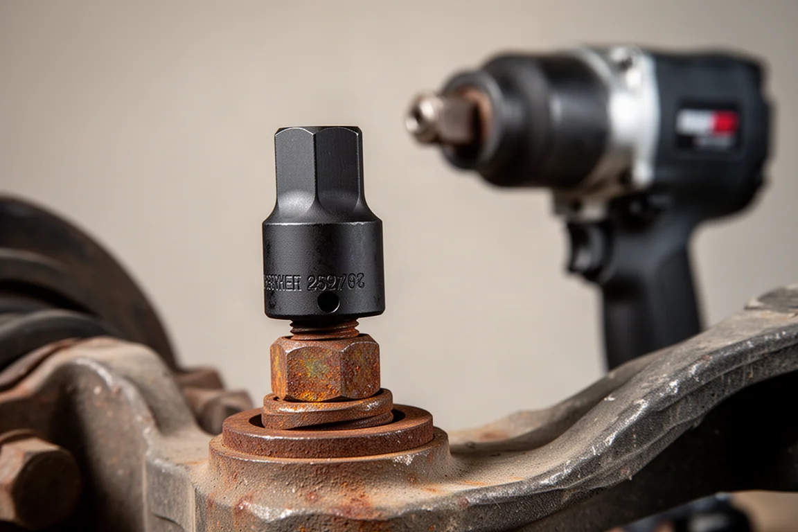 Douilles à choc emboîtées sur un boulon rouillé d'un composant de suspension automobile