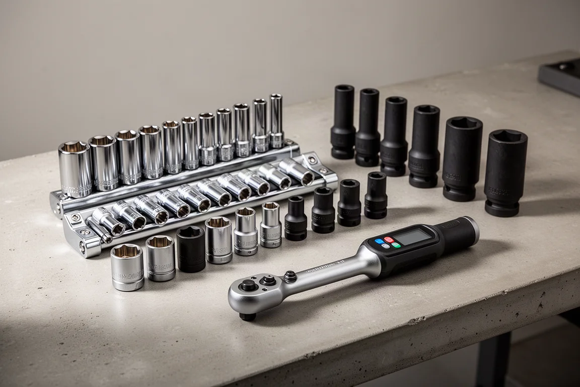 Socket sets, impact sockets, and a torque wrench arranged on a workbench