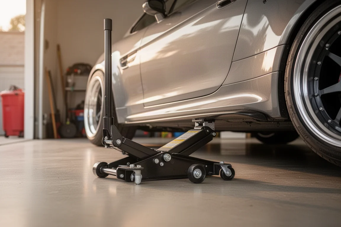 Cric basso profilo posizionato sotto un'auto sportiva ribassata