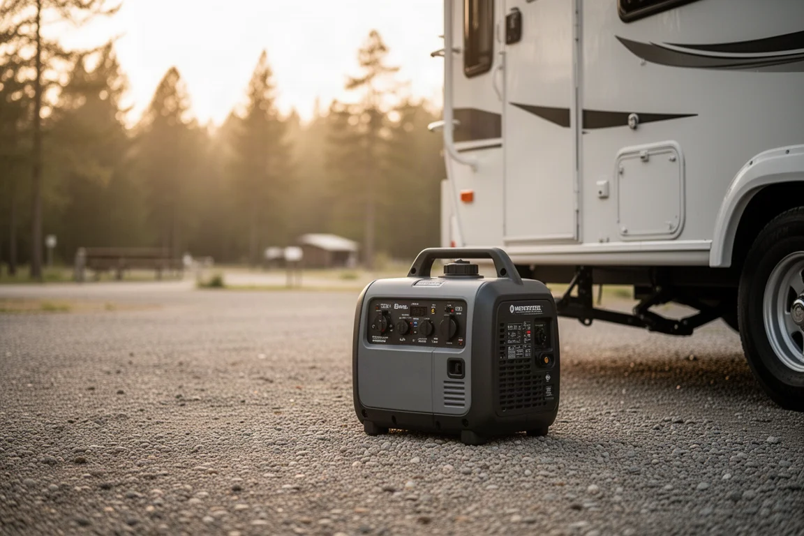 Generator przenośny zasilający sprzęt na polu biwakowym w miękkim świetle wieczornym