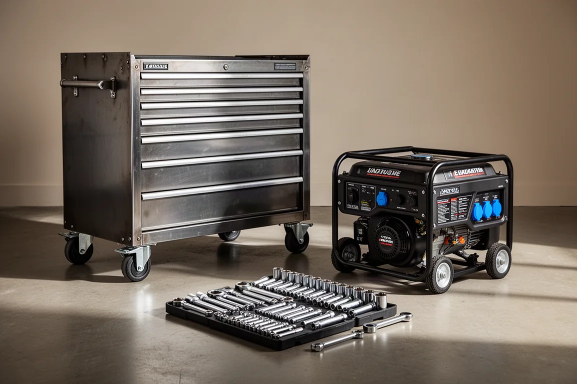 Generator, winch, floor jack, and tool cabinet arranged in a garage setting