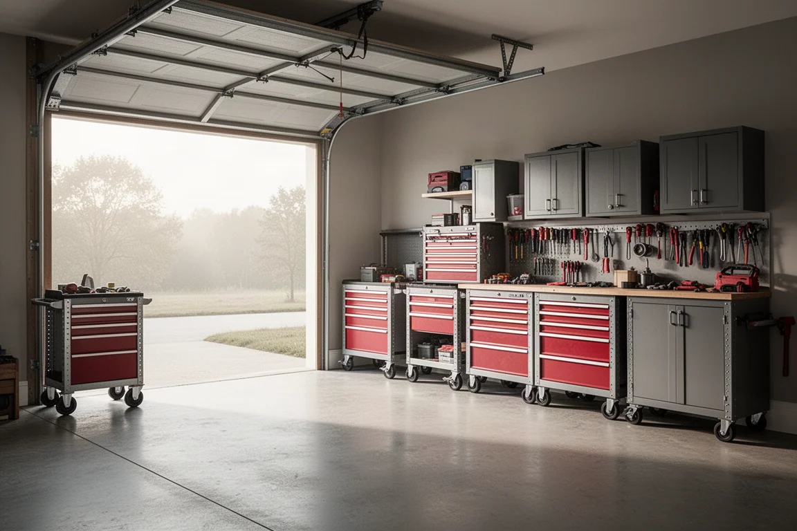 Warmly lit home garage workshop with tools arranged on a workbench