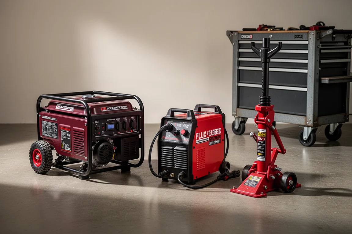 Lineup of a generator, tool chest, welder, impact wrench and off-road lights on a concrete floor