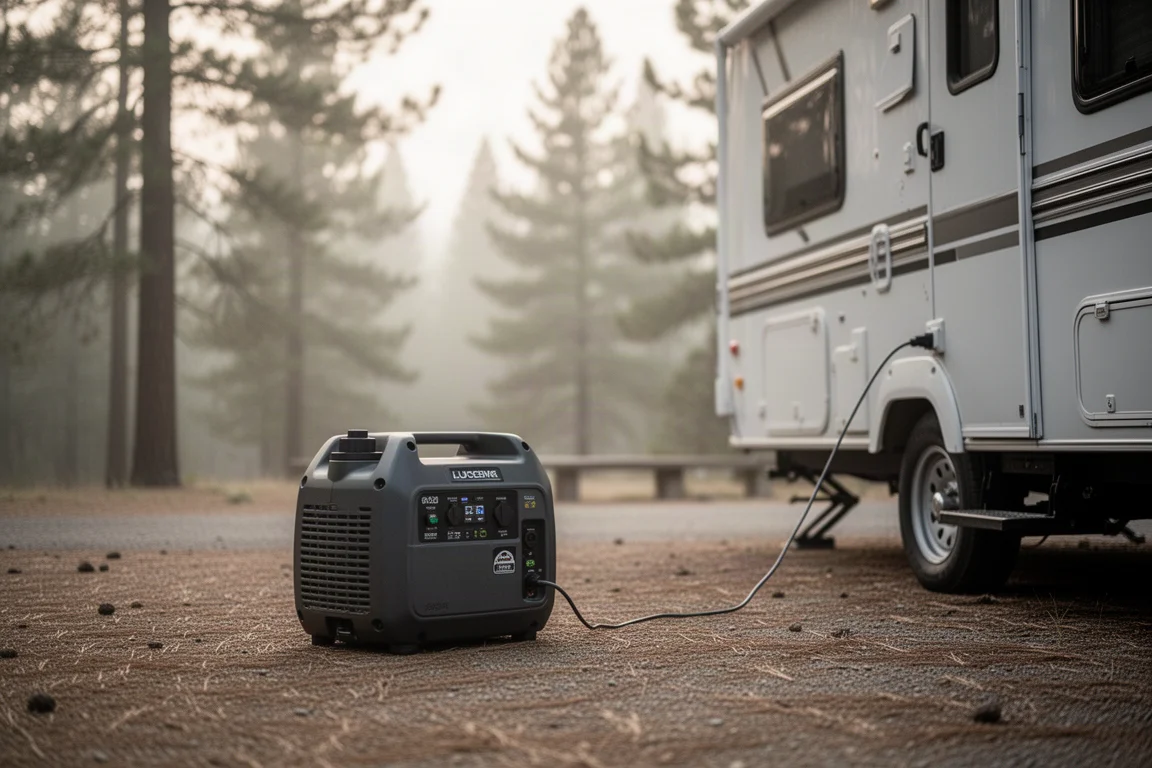 Tragbarer Inverter-Generator versorgt einen Campingplatz-Setup im sanften Morgenlicht