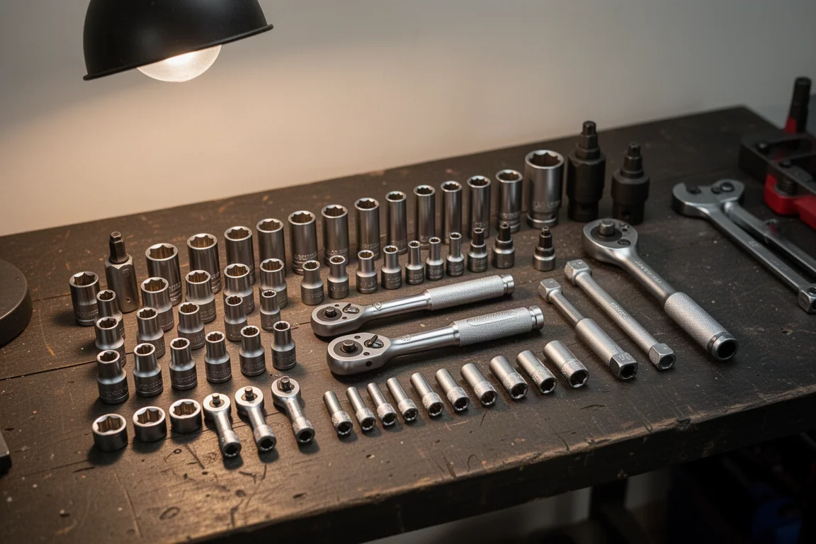 Mechaniker arbeitet mit Knarren und Steckkusenset an einer Werkbank