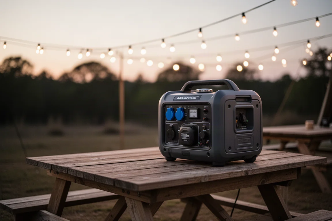 Generatore inverter portatile in funzione su un tavolo in campeggio al tramonto