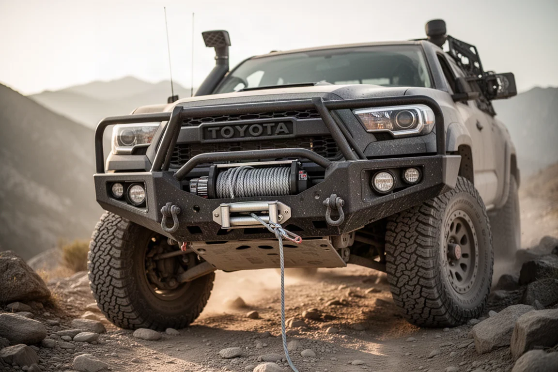 Pick-up off-road con un verricello montato sul paraurti anteriore su un sentiero roccioso