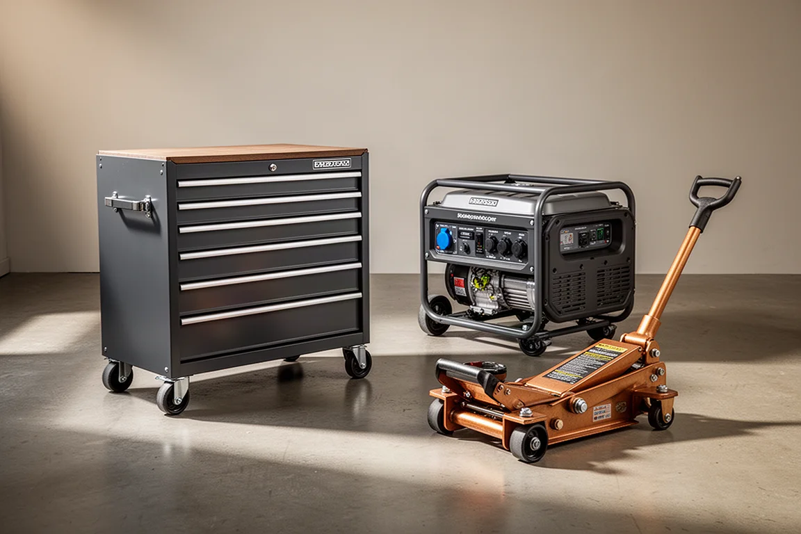 Roll cabinet, portable generator and floor jack arranged in a garage workshop