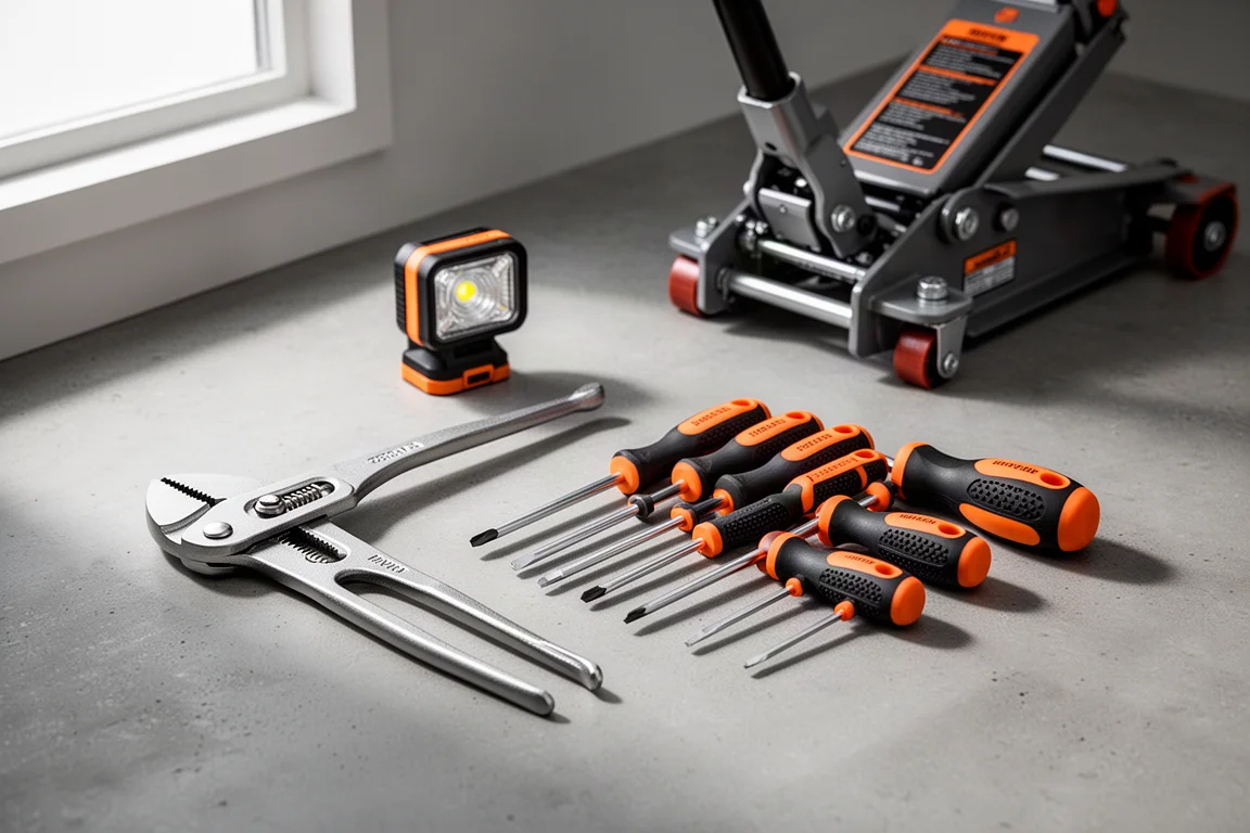Hand tools including pliers, screwdrivers, a work light, and a floor jack arranged on concrete