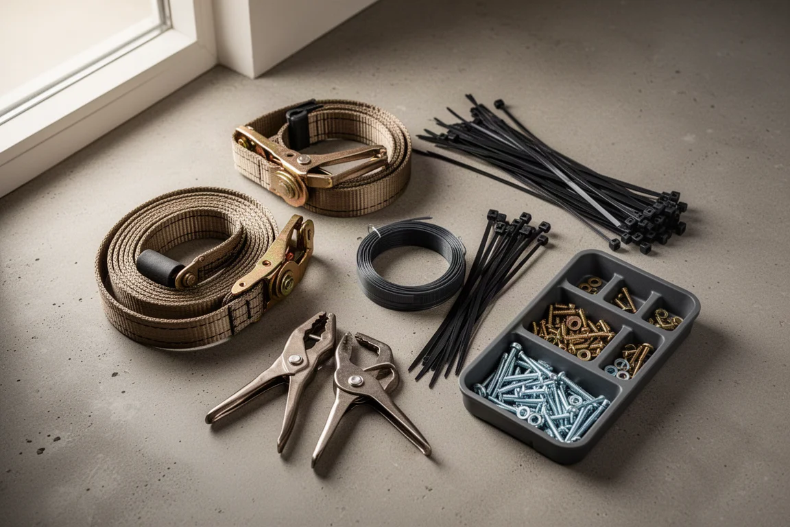 Workbench with ratchet straps, clamps and small hand tools neatly laid out
