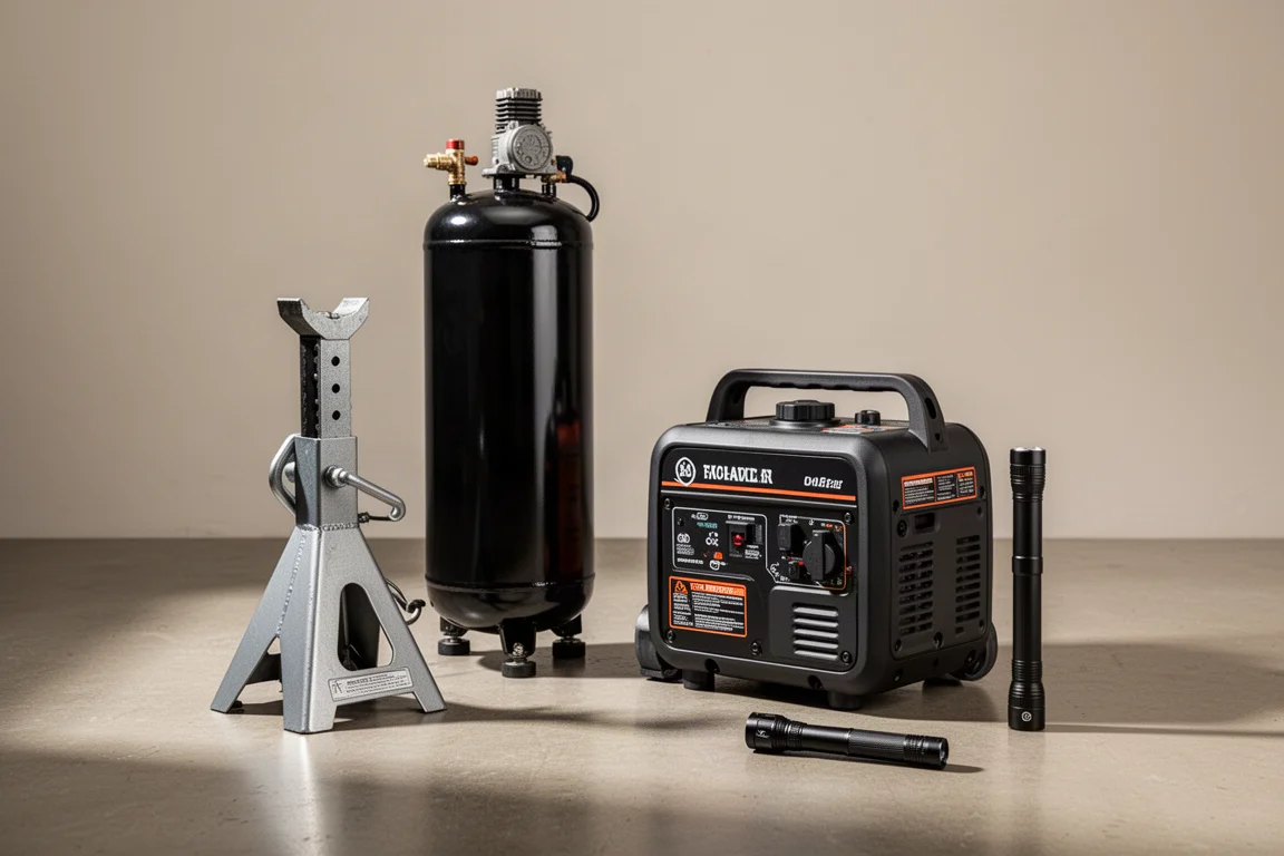 Air compressor, jack stand, inverter generator and flashlight arranged on a workshop floor
