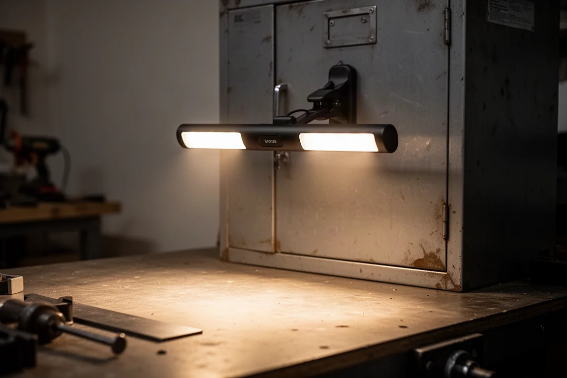 Smukła lampa świetlna przymocowana magnetycznie do metalowej szafki dająca szeroki strumień światła