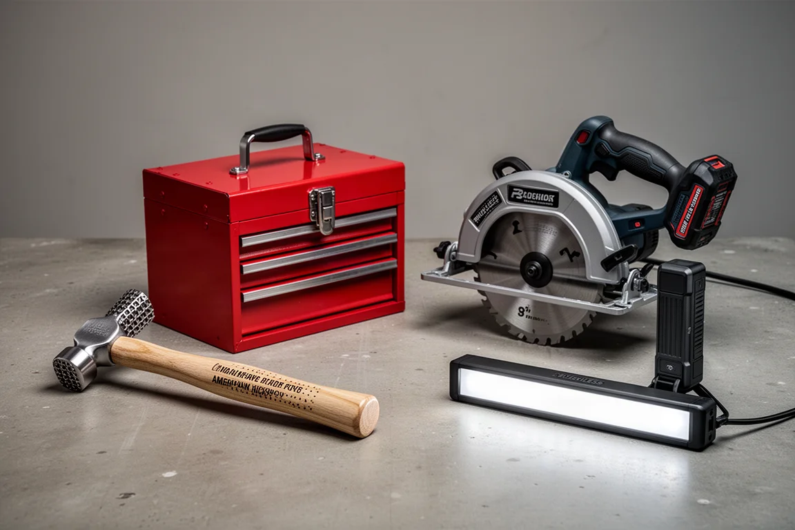 Framing hammer, mini tool box, cordless cement saw, and slim bar work light arranged on a concrete surface