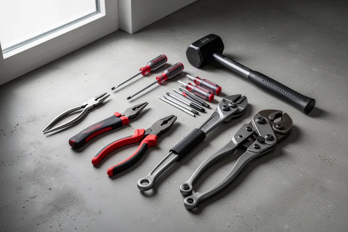 Assorted hand tools including pliers, screwdrivers, a hammer, and bolt cutters laid out on concrete