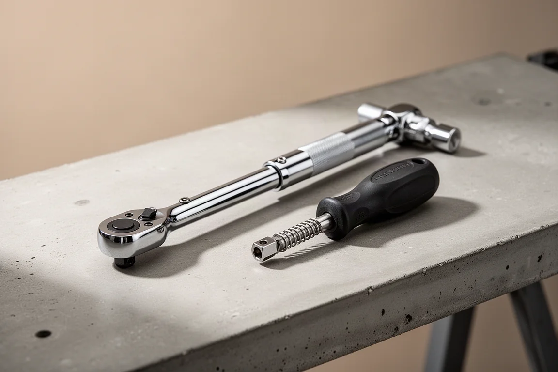 Telescoping half inch drive ratchet and quarter inch socket driver on a concrete workbench