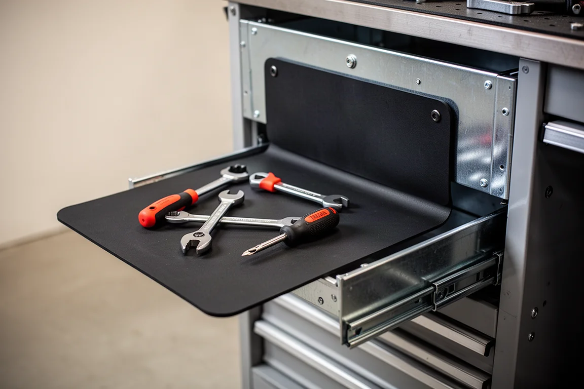 Tappetino magnetico per utensili montato sul cassetto verticale di un armadio portautensili in acciaio