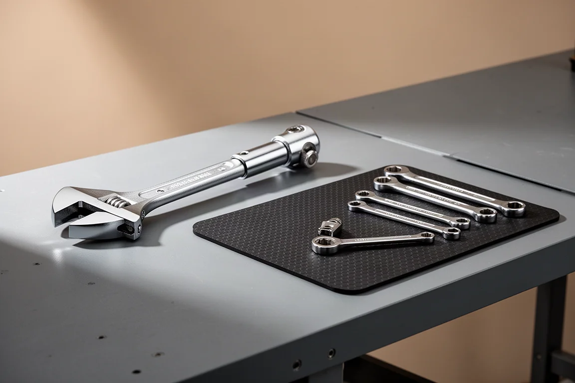 Telescoping adjustable wrench and black magnetic tool mat arranged on a grey workbench