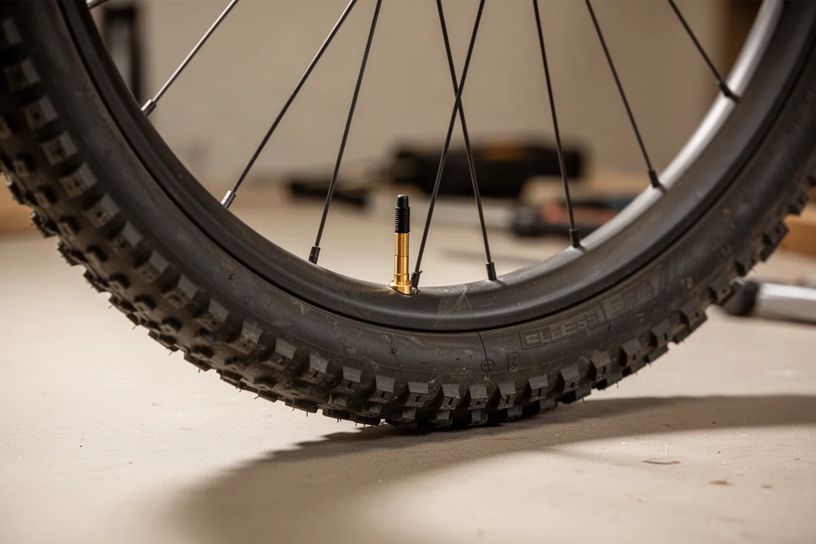 Mountainbike-wiel met tubeless-ventiel in close-up