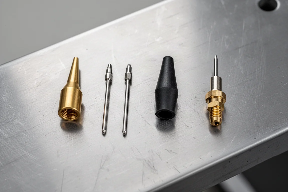 Diverse opblaasmonden en adapters op een werkbank gerangschikt
