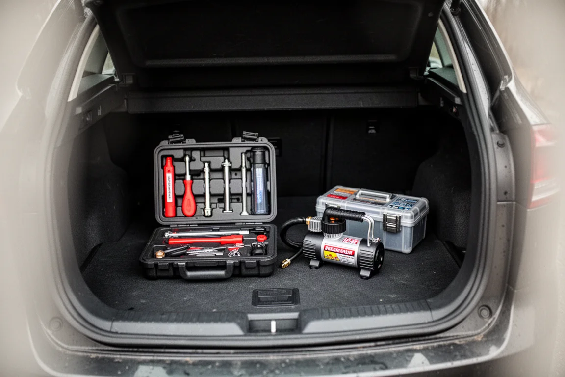 Noodkit in de kofferbak van een auto met bandengereedschap in een klein etui