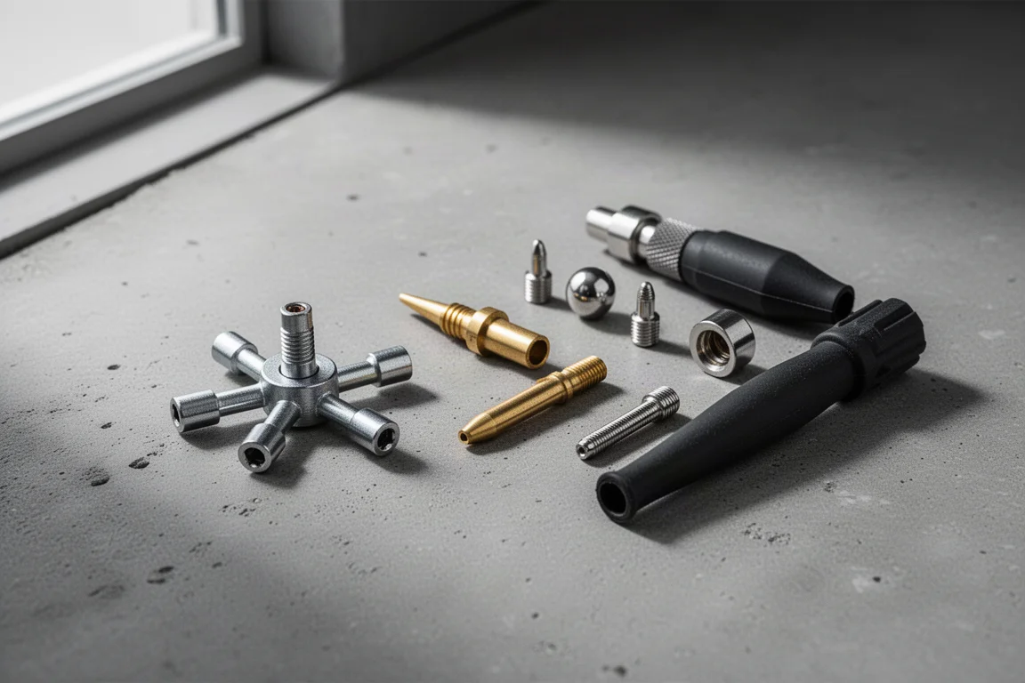 Four-way valve core tool and inflation kit accessories arranged on a concrete surface