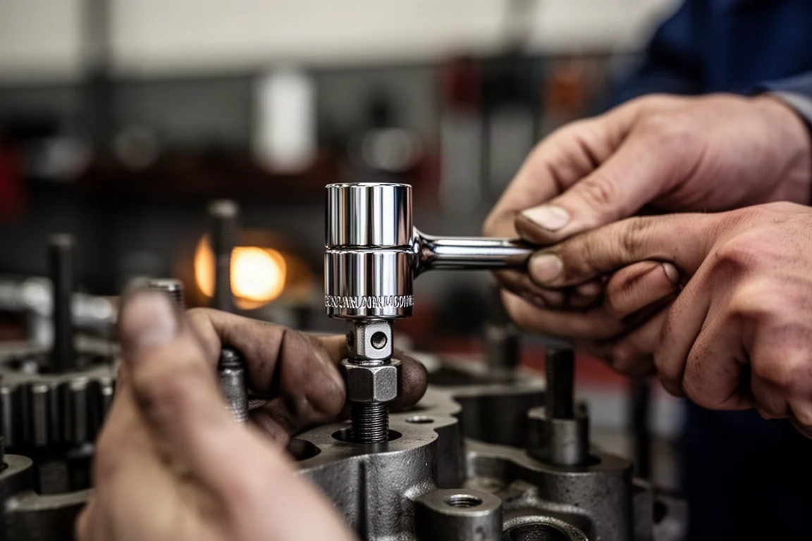 Mechanik dokręcający śrubę kluczem nasadowym w zaciemnionym warsztacie