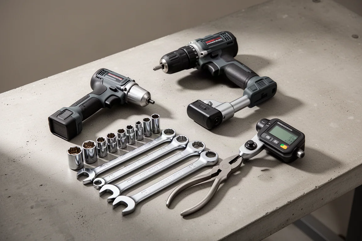 Assorted workshop tools including drill, sockets, and pliers arranged on a workbench