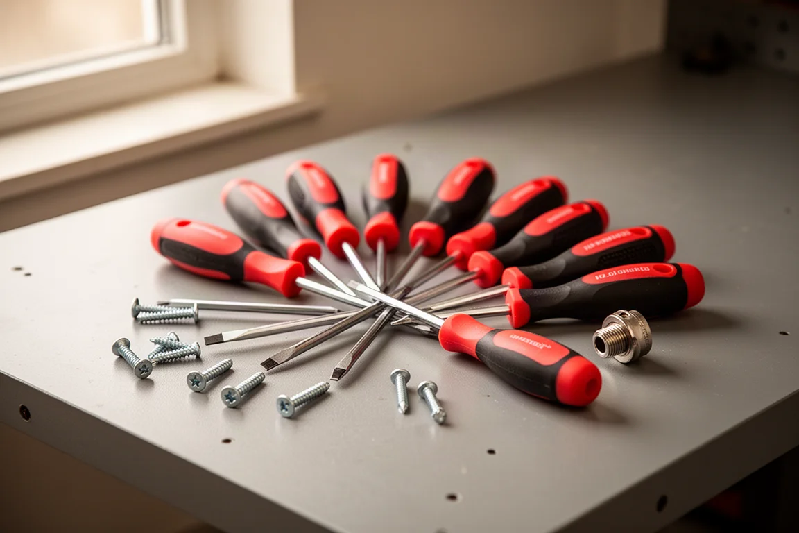 Screwdriver set laid out on a workbench next to fasteners